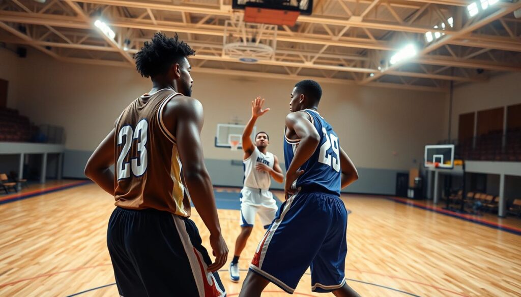 A dynamic basketball scene depicting a defensive strategy known as "help boxes defense." In the foreground, two players are poised in athletic stances, one positioned to anticipate a screen, while the other is ready to assist, both wearing professional basketball uniforms in team colors. The middle ground features a decisive moment with a third player attempting to maneuver around a screen, showcasing athleticism and intensity. The background illustrates a brightly lit gymnasium with high ceilings and polished hardwood floors, capturing the energy of the game. Soft, diffused lighting creates an intense yet focused atmosphere, highlighting the players’ expressions of determination and teamwork. The angle captures an immersive view of the action, emphasizing both strategy and collaboration in a competitive environment. A dynamic basketball scene depicting a defensive strategy known as "help boxes defense." In the foreground, two players are poised in athletic stances, one positioned to anticipate a screen, while the other is ready to assist, both wearing professional basketball uniforms in team colors. The middle ground features a decisive moment with a third player attempting to maneuver around a screen, showcasing athleticism and intensity. The background illustrates a brightly lit gymnasium with high ceilings and polished hardwood floors, capturing the energy of the game. Soft, diffused lighting creates an intense yet focused atmosphere, highlighting the players’ expressions of determination and teamwork. The angle captures an immersive view of the action, emphasizing both strategy and collaboration in a competitive environment.