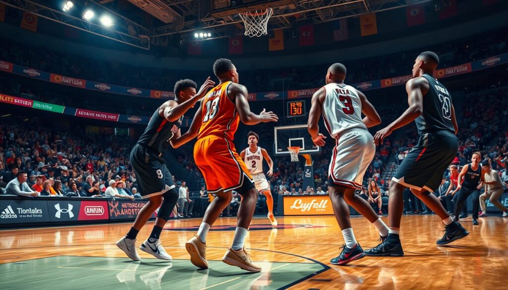 A dynamic basketball scene illustrating a ghost screen strategy in action on a vibrant indoor court. In the foreground, a player in a vibrant team uniform sets an evasive ghost screen, their body angled to emphasize movement and strategy. Opposing defenders are depicted in professional athletic attire, showing confusion and positioning around the screen, capturing the essence of defensive coverages being challenged. The middle ground features another player exploiting the opening, poised for a quick drive or jump shot. Bright arena lights cast dramatic shadows, creating an intense atmosphere. The background showcases a cheering crowd, adding depth to the scene, with a hint of team colors in the banners. The overall mood is energetic and strategic, capturing the essence of high-stakes basketball competition.