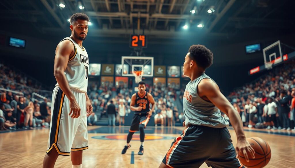 A dynamic basketball scene illustrating mismatch creation strategies on a court. In the foreground, two players: one tall and athletic in a professional basketball uniform, setting a ghost screen with a focused expression, and a smaller player in modest sports apparel attempting to navigate around him. The middle ground features a bustling court, highlighting the moment of a slip-to-seal maneuver as a guard slips past a defender. In the background, spectators are engaged, capturing the energy of the game. The lighting is bright and energetic, focused on the players, with a slight motion blur to emphasize action. The perspective should be from the court level, creating an immersive atmosphere that showcases tactical basketball strategies.