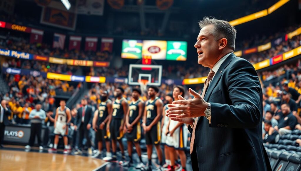 A dynamic basketball coach in a professional suit, passionately gesturing on the sideline during an intense game moment, demonstrating creativity and strategy. In the foreground, focus on the coach's animated expression and body language, emphasizing their role in orchestrating plays. In the middle ground, capture a diverse group of players in action, showcasing teamwork and agility, each wearing modern basketball uniforms. In the background, a packed arena with vibrant fans, colorful team banners, and dramatic lighting that highlights the coach and players. The atmosphere is electric and inspiring, portraying the essence of innovation in basketball strategy during tense playoff situations. Use a wide-angle lens to enhance the sense of involvement and excitement. A dynamic basketball coach in a professional suit, passionately gesturing on the sideline during an intense game moment, demonstrating creativity and strategy. In the foreground, focus on the coach's animated expression and body language, emphasizing their role in orchestrating plays. In the middle ground, capture a diverse group of players in action, showcasing teamwork and agility, each wearing modern basketball uniforms. In the background, a packed arena with vibrant fans, colorful team banners, and dramatic lighting that highlights the coach and players. The atmosphere is electric and inspiring, portraying the essence of innovation in basketball strategy during tense playoff situations. Use a wide-angle lens to enhance the sense of involvement and excitement.