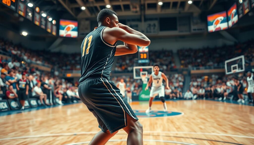 A dynamic basketball scene capturing a professional male player in motion, demonstrating the flip technique for screening. The player, dressed in a fitted athletic jersey and shorts, is positioned in the foreground, twisting with precision as he angles his body to shield a defender. His focus is on creating space, showcasing the 'inside/outside step-up' maneuver, with emphasized body movement and foot placement. In the middle ground, another player is depicted, acting as the defender, appearing caught off-balance. The background features a vibrant basketball court with spectators blurred out, creating an energetic atmosphere. Bright overhead lighting enhances the players' movements, while a shallow depth of field focuses clearly on the athletes.