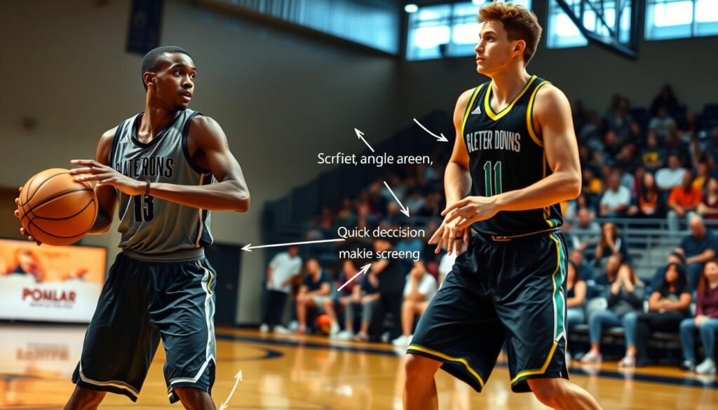 A dynamic basketball scene illustrating a drag dribble handoff (DHO) into a pick and roll (PnR) scenario. In the foreground, a tall, athletic player in a fitted jersey and shorts successfully executes a DHO while keeping their eyes up to read the defense. The middle ground features a quick decision-making moment, showcasing another player setting a perfectly angled screen. The action is full of movement, with players displaying intensity and focus. The background displays a well-lit indoor basketball court, complete with spectators in blurred action, enhancing the atmosphere. The lighting is bright, emphasizing the players' expressions and the contrast of their jerseys against the polished wooden floor. Capture a sense of strategic teamwork and athleticism, with an emphasis on fluid motion and the excitement of the game.
