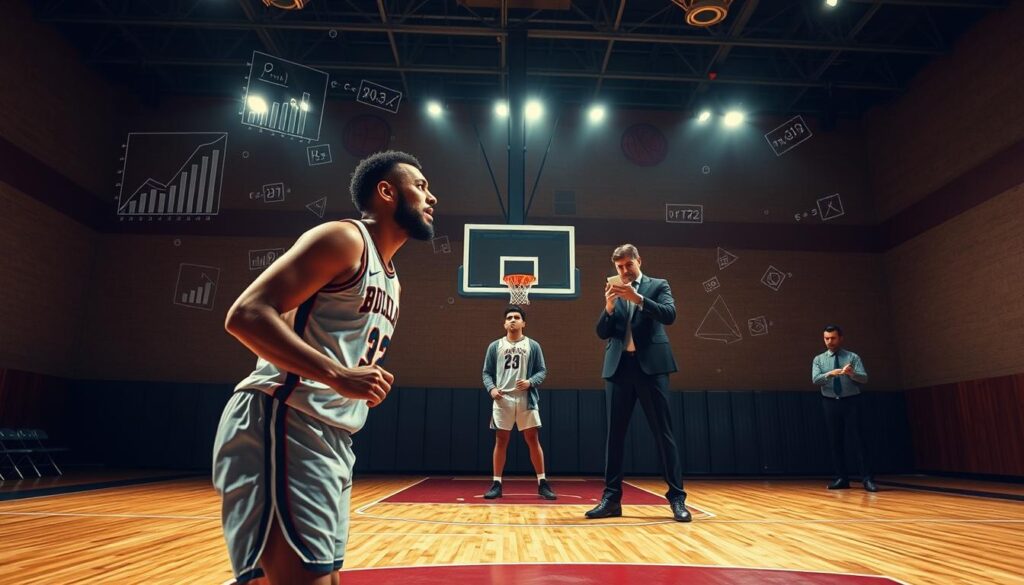 A dynamic scene depicting a basketball court infused with analytics concepts. In the foreground, a basketball player in a professional jersey, focused and poised, is about to take a shot, representing the pressure of intentional fouling by defenders. Surrounding him, visual elements like digital graphs, charts, and mathematical equations float in the air, symbolizing the analytics revolution. In the middle ground, a coach in a suit studies a digital tablet, analyzing player statistics with an intense expression, while teammates in modest casual attire strategize in the background. The court is illuminated by sharp overhead lights, casting dramatic shadows, enhancing the high-stakes atmosphere. The mood is tense yet strategic, capturing the essence of modern basketball influenced by analytics. The angle is slightly low to emphasize the player while framing the court's depth.