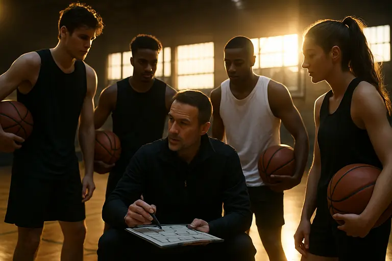 Assistant coach reviewing a tablet with players on the sideline