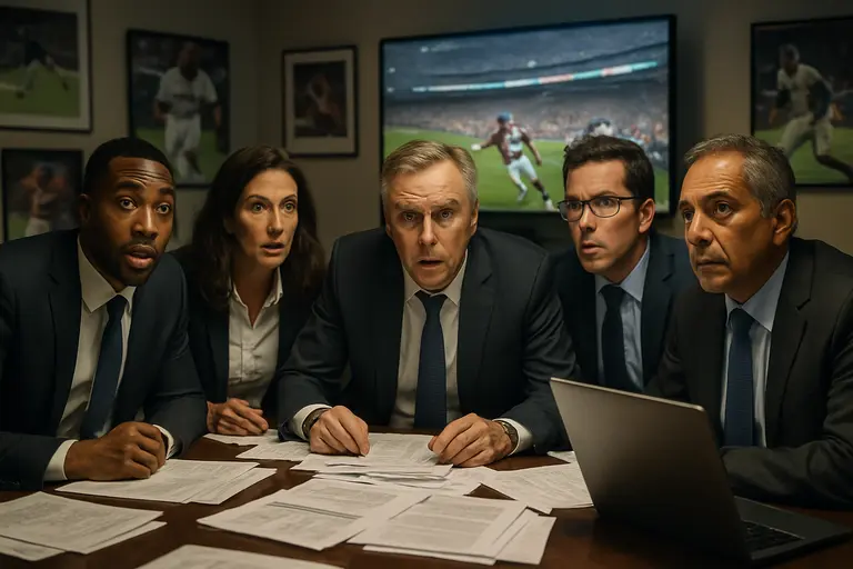Basketball executives reviewing roster notes beside a practice court