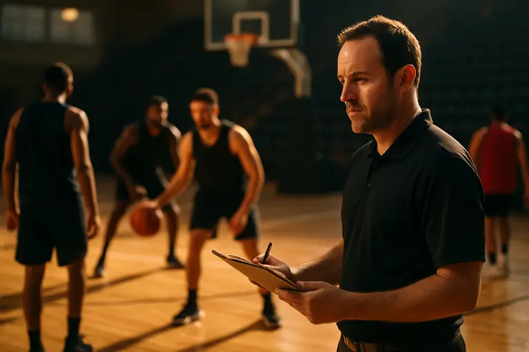 Basketball staff reviewing notes on a sideline bench