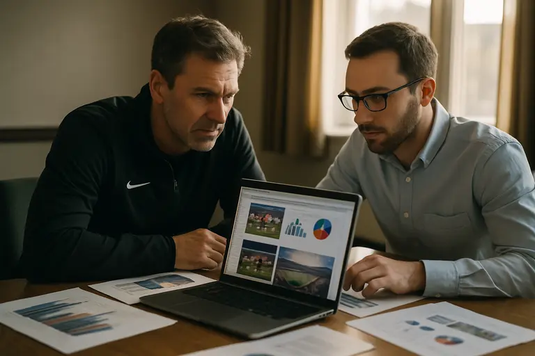 Coaches and basketball operations staff reviewing practice data at a table