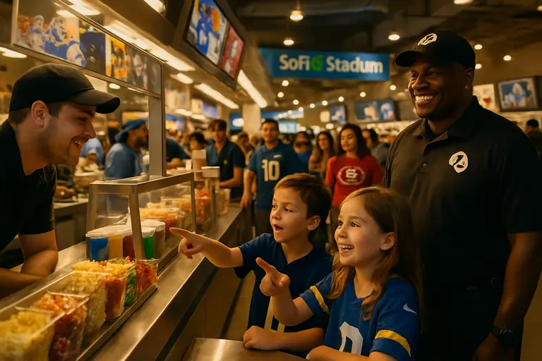 Fans walking through a stadium concourse near concession and merchandise areas