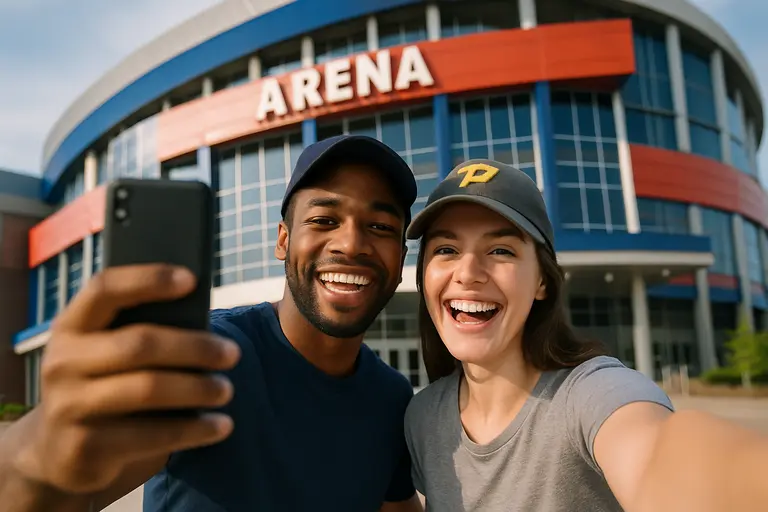 Modern arena concourse with concession areas and fans gathering before an event