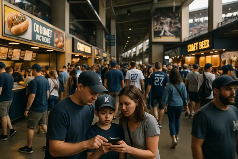 Wide stadium concourse with fans walking toward food stands and seating entries