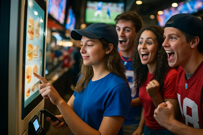 Arena concession area with fans ordering food before an event