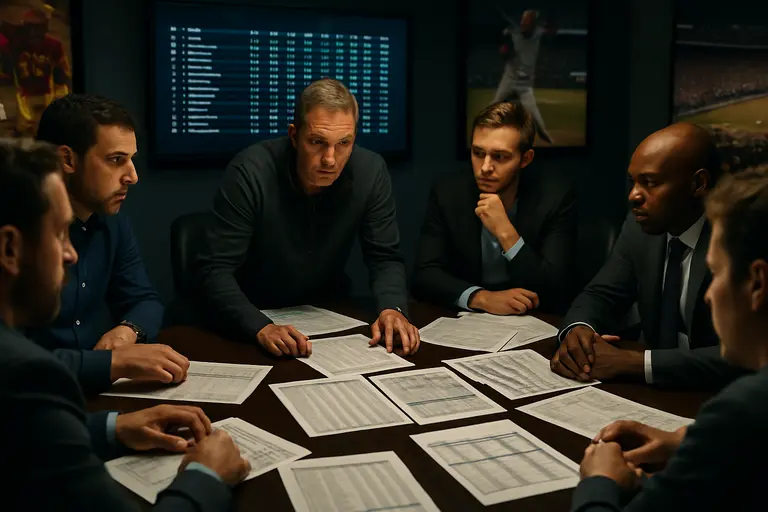 Front office staff reviewing roster notes at a basketball practice facility