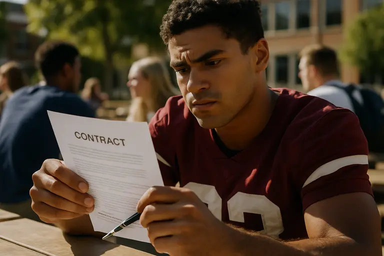 Student-athlete reads contract documents with an adviser nearby