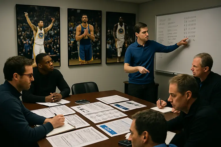 Warriors players gathering near the sideline during a timeout